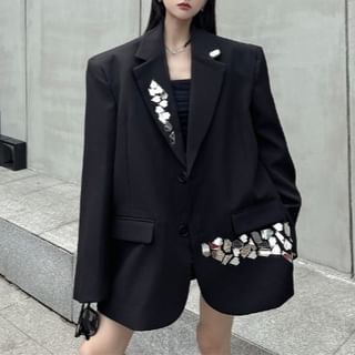 RONIN Notch Lapel Plain Sequin Oversized Single-Breasted Blazer Sale