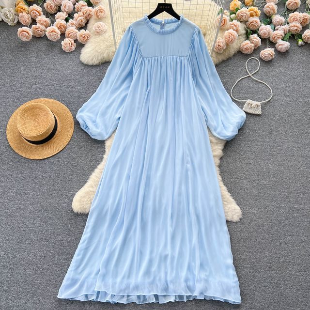 Lucuna - Puff-Sleeve Crew Neck Plain Mesh Panel Midi Smock Dress | YesStyle