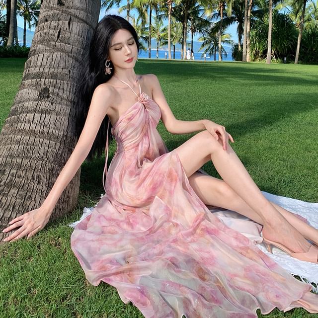 Halter Neck Tie Dye Maxi A-Line Dress