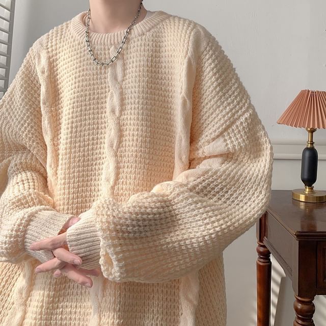 Urtishia-Crew Neck Plain Cable Knit Sweater