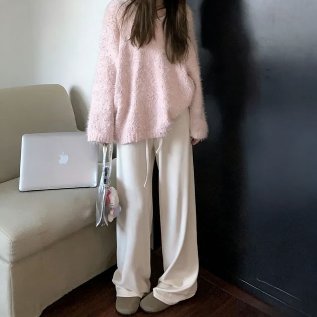 ANORA-Einfarbiger Pullover mit Rundhalsausschnitt Hose mit weitem Bein und Kordelzug in der Taille
