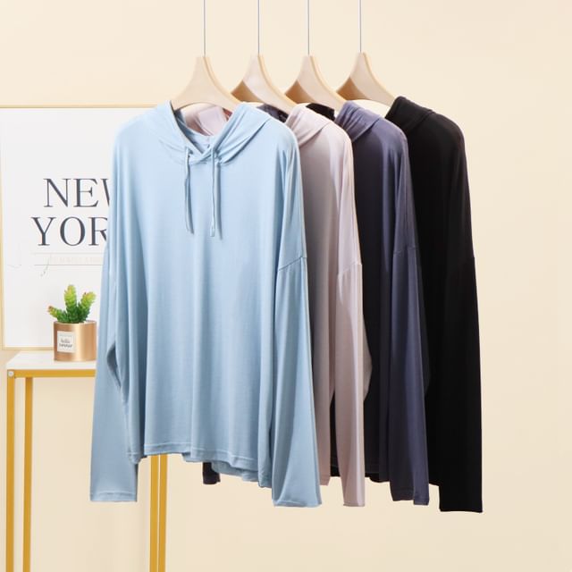 KUMI-Long-Sleeve Plain Drawstring Hooded T-Shirt