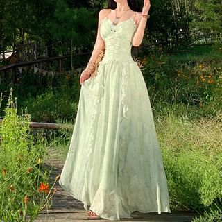 Morning Glory Spaghetti Strap Floral Ruffle Trim Maxi A-Line Sundress Sale