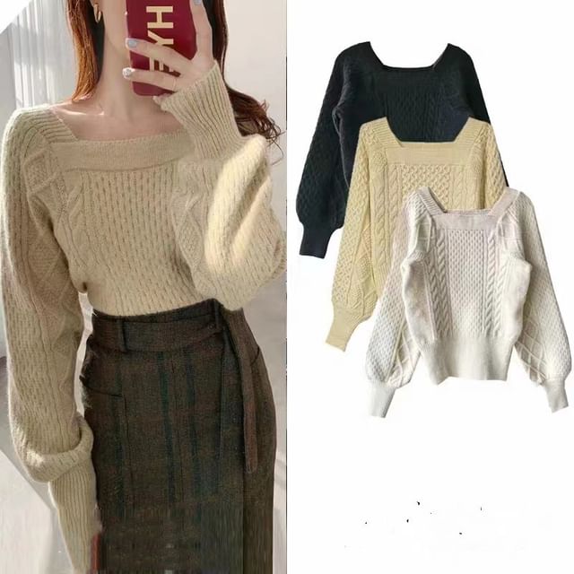 Bigfol-Square Neck Plain Cable Knit Sweater
