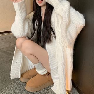 Bigfol-V-Neck Plain Button-Up Oversized Cardigan