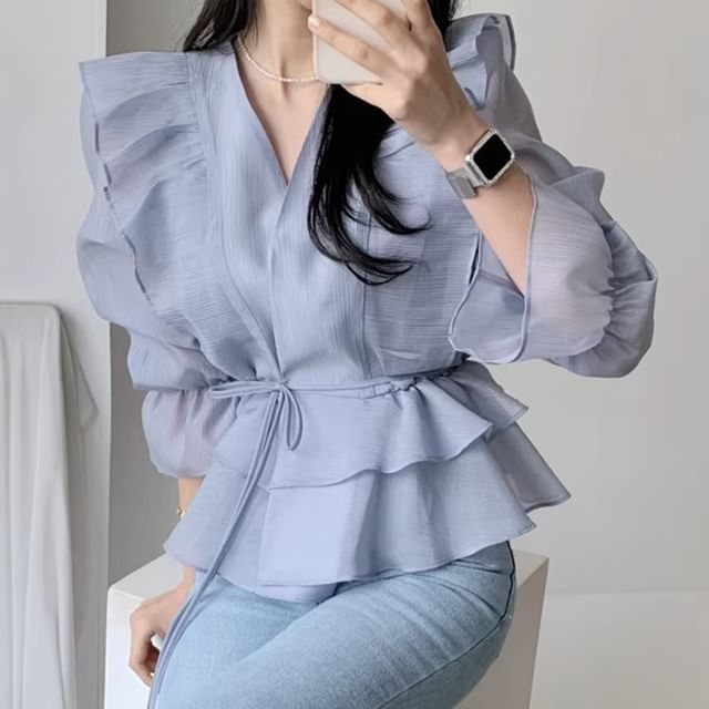 Coris-Long-Sleeve V-Neck Plain Ruffle Wrap Blouse