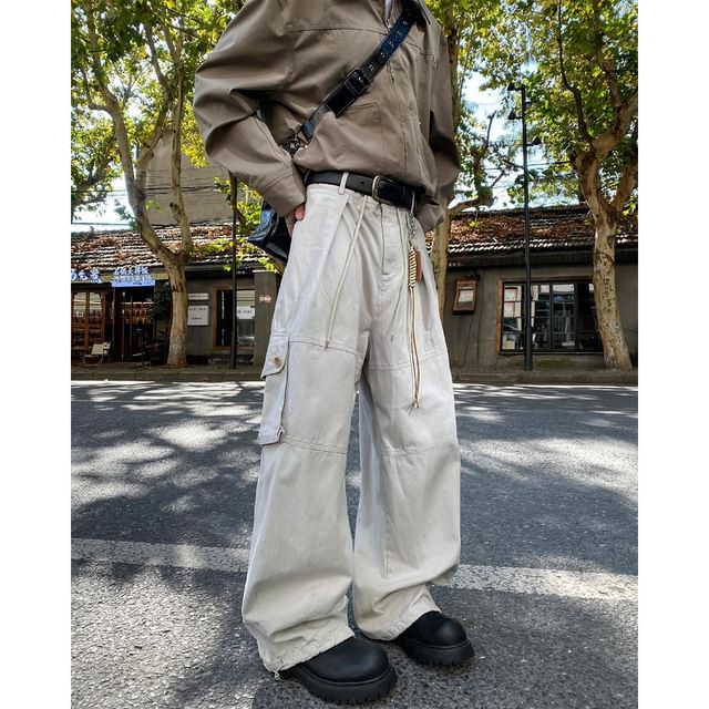 YERGO-Mid Rise Plain Panel Straight Leg Cargo Pants