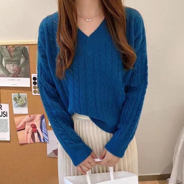 Beaustreet VNeck Plain Cable Knit Sweater YesStyle