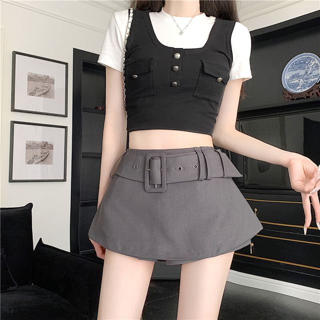 Doowex-Buckled Waist Plain Mini Skort