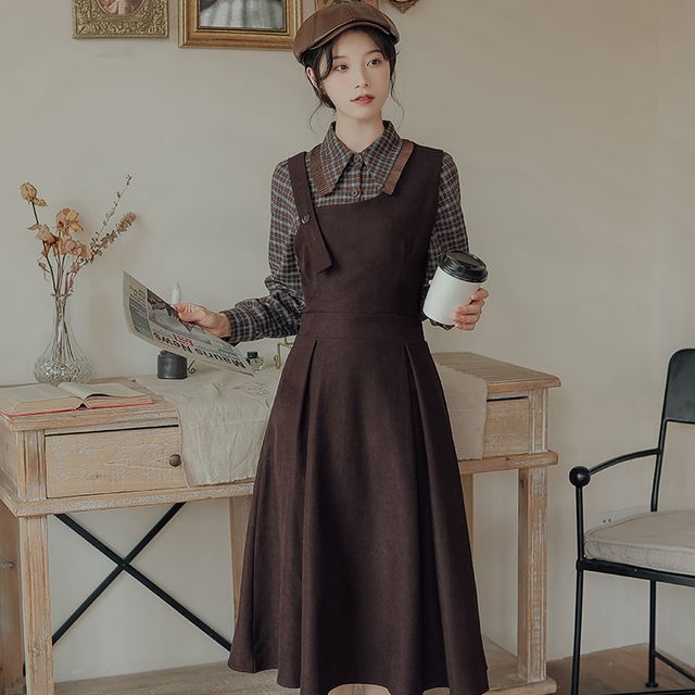 Set: Long-Sleeve Plaid Shirt + Square Neck Plain Midi A-Line Pinafore Dress