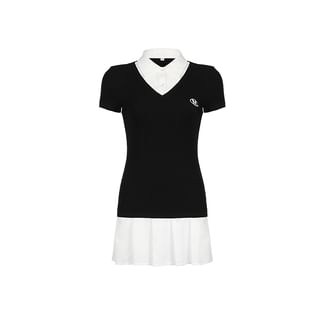 Phloomie Mock Two-Piece Short Sleeve Collared Lettering Mini Polo Knit Dress