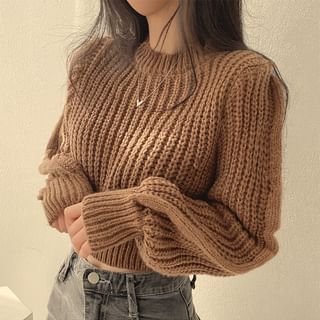Rosesand Puff Sleeve Plain Crop Sweater
