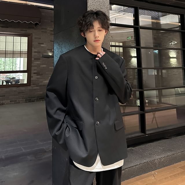 Freehop-Round Neck Plain Single Breasted Blazer