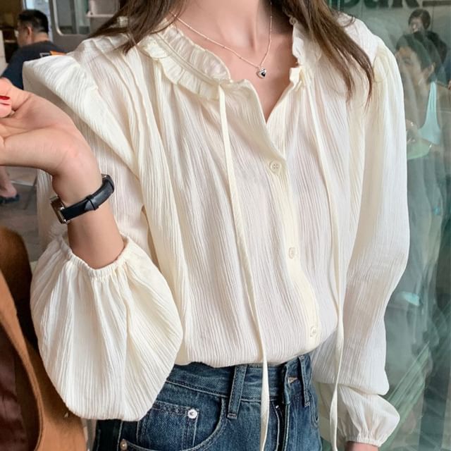 Jesong-Long Sleeve Tie Neck Plain Frill Blouse