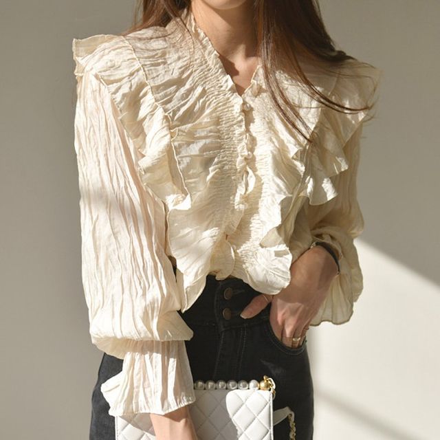 Coris-V-Neck Plain Ruffle Blouse