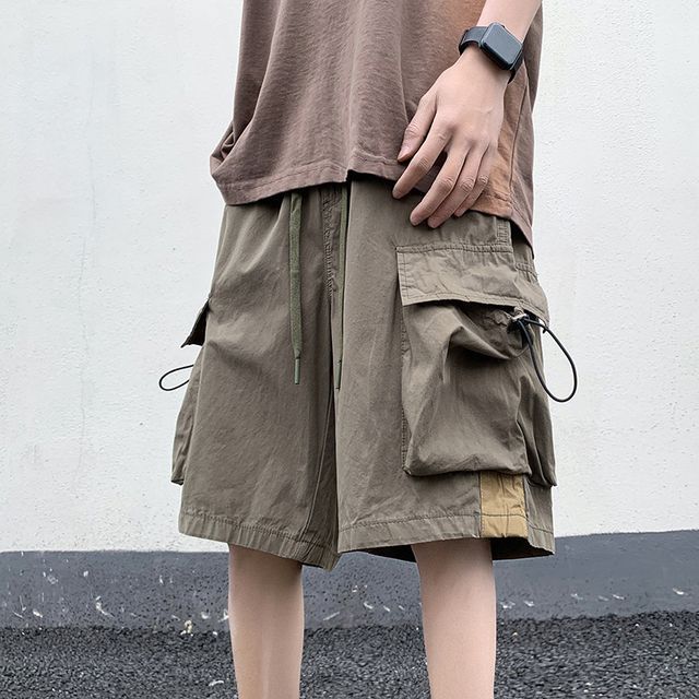 DuckleBeam-Drawstring Waist Two Tone Cargo Shorts