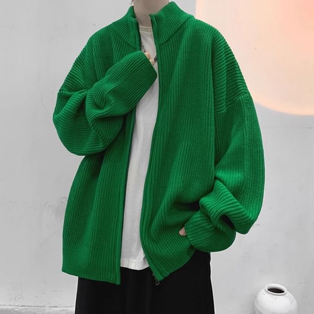 emeisa-Stand Collar Zip-Up Plain Cardigan