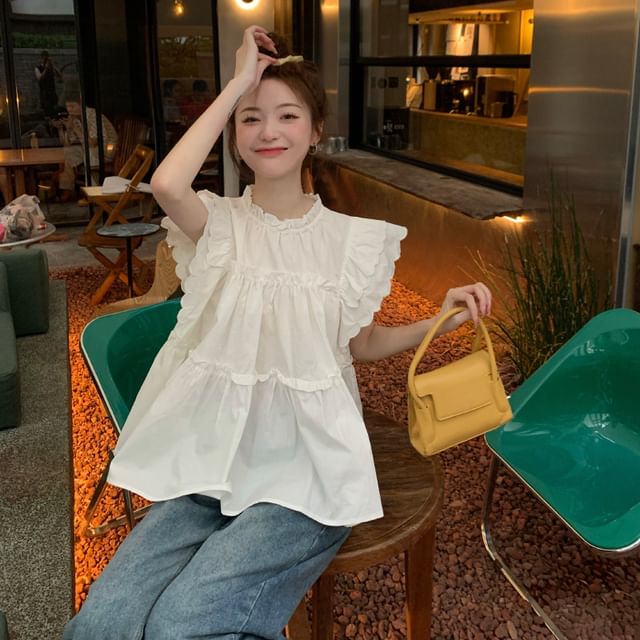 Odestra-Cap-Sleeve Plain Scallop Trim Ruffle Blouse