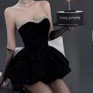 JIYON-Strapless Sequin Rhinestone Mini A-Line Cocktail Dress