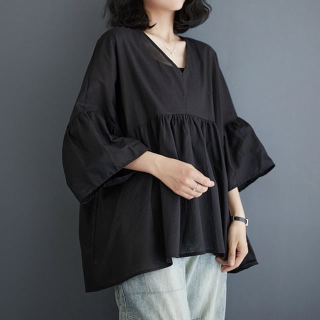 Lewwe-34-Sleeve V-Neck Plain Ruched Oversized Blouse