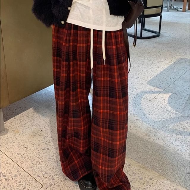 Girls Supply High-Rise Drawstring Plaid Wide-Leg Pants YesStyle
