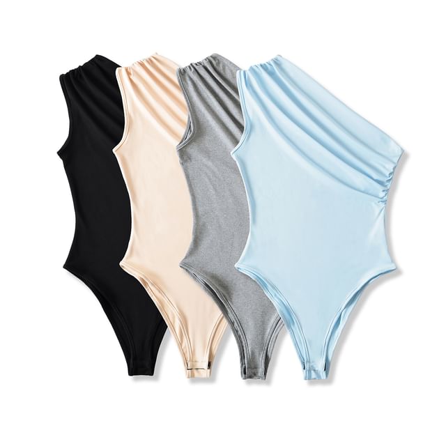 Asiris-Sleeveless One Shoulder Plain Ruched Bodysuit Top