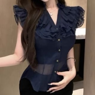 Ukiyo-Cap-Sleeve Notch Neck Ruffle Trim Button-Up Plain Sheer Blouse