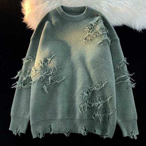 Raisson - Crew Neck Plain Distressed Sweater | YesStyle