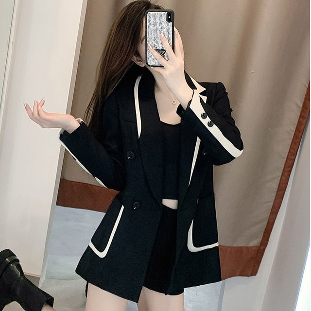 Sienne-Plain Contrast Trim Double-Breasted Blazer