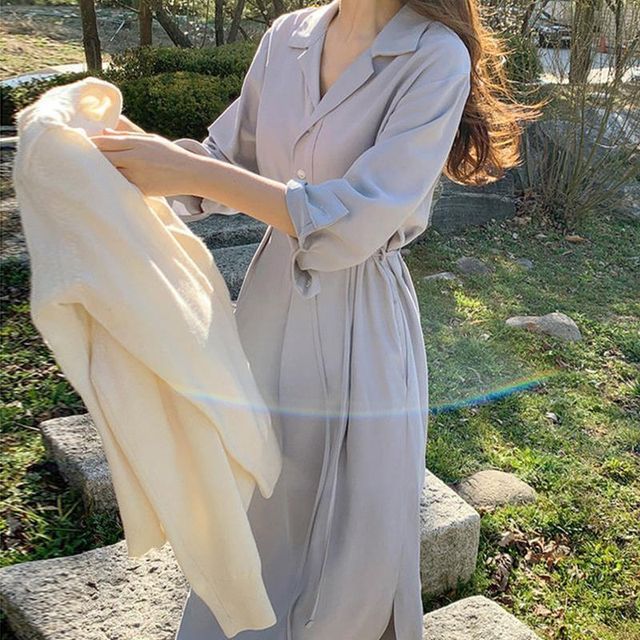 Odestra-Long-Sleeve Plain Button-Up Drawstring Midi Shirtdress
