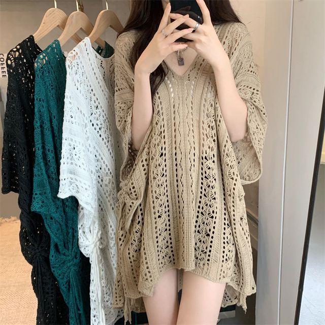Sienne-Elbow-Sleeve V-Neck Plain Sweater