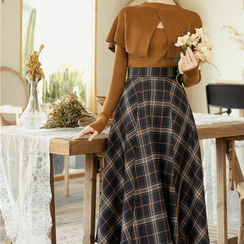 Plaid midi skirt top set