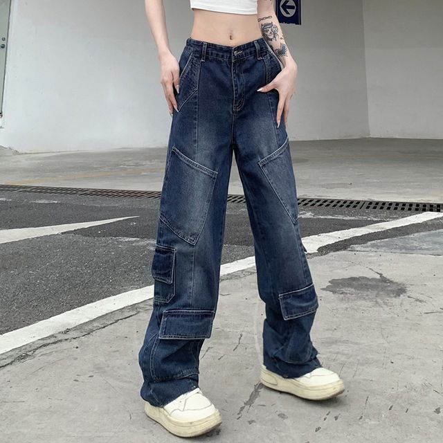 Low Rise Washed Pocket Straight-Fit Wide-Leg Jeans