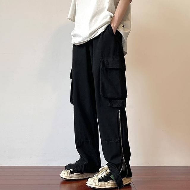 Macho-Mid Rise Plain Zip Slit Loose Fit Cargo Pants