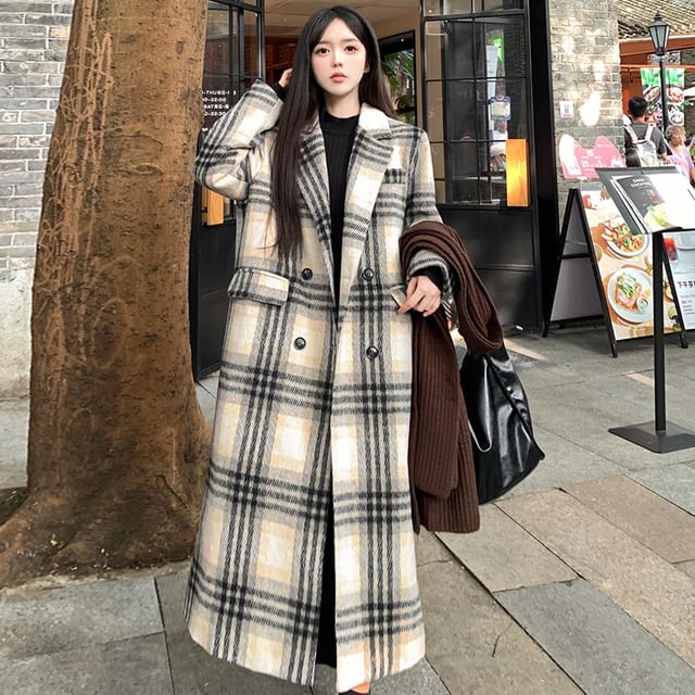Sienne-Double Breasted Plaid Long Coat