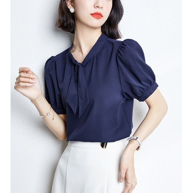 Dragan Pulse-Short Sleeve Tie Neck Plain Blouse