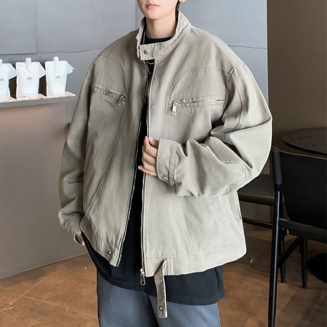 Plummie-Stand Collar Plain Panel Zip Jacket
