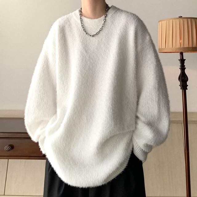 Blueforce-Crew Neck Plain Fluffy Oversized Sweater
