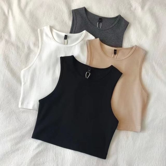 Hevnir-Crew Neck Plain Crop Tank Top