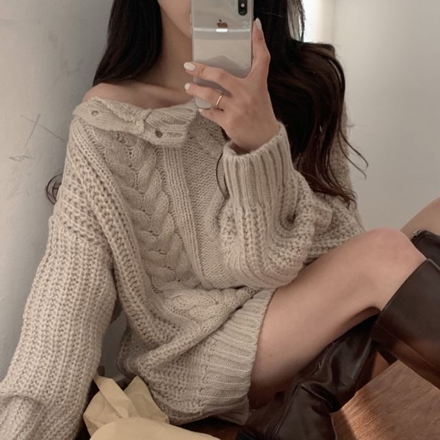 Coris-Long-Sleeve Round Neck Button Detail Plain Cable Knit Sweater