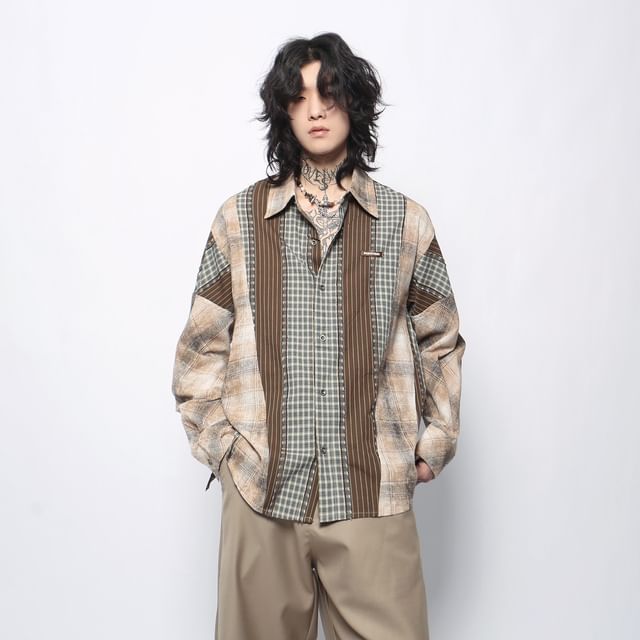 Derbundy-Long Sleeve Collared Plaid Striped Shirt