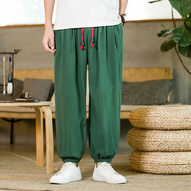 Fireon-Drawstring Waist Plain Baggy Pants