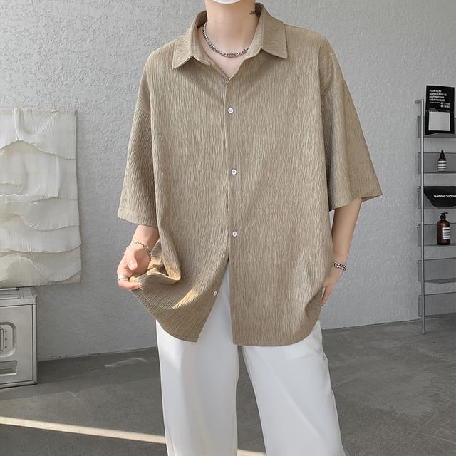 Ninine-34-Sleeve Plain Textured Button-Up Shirt
