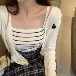 Allizzwell - Heart Embroidery Cardigan / Striped Camisole / Plaid Pleated Skirt Allizzwell - Heart Embroidery Cardigan / Striped Camisole / Plaid Pleated Skirt