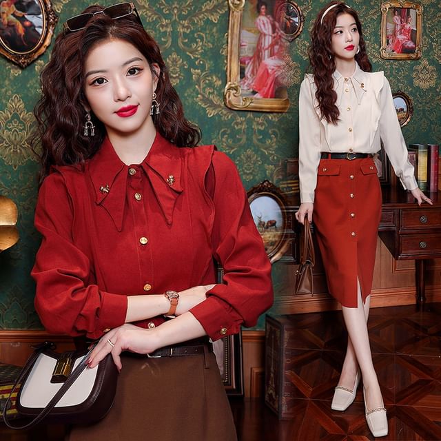 Jeonseon-Long-Sleeve Ruffle Plain Shirt