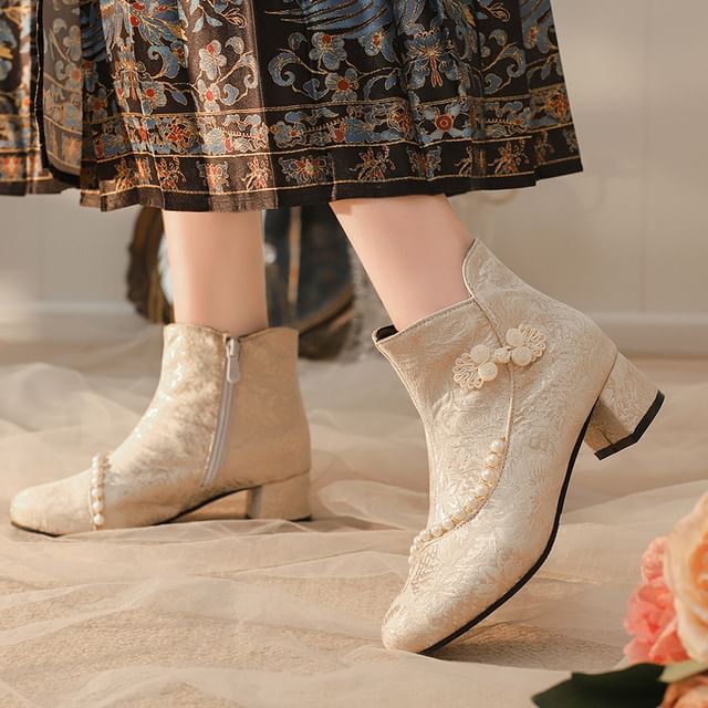 Megan-Block Heel Beaded Short Boots