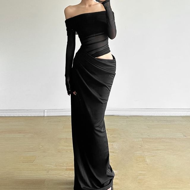 Bababy-Long Sleeve Off Shoulder Plain Cutout Panel Mesh Maxi Sheath Dress