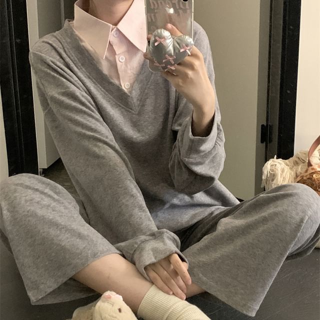 Sadelle-Pajama Set Collared Mock Two Piece Sweatshirt Straight Leg Pants