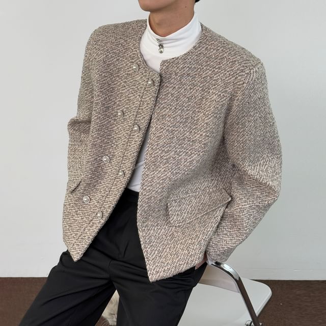 DragonRoad-Crew Neck Double-Breasted Tweed Jacket