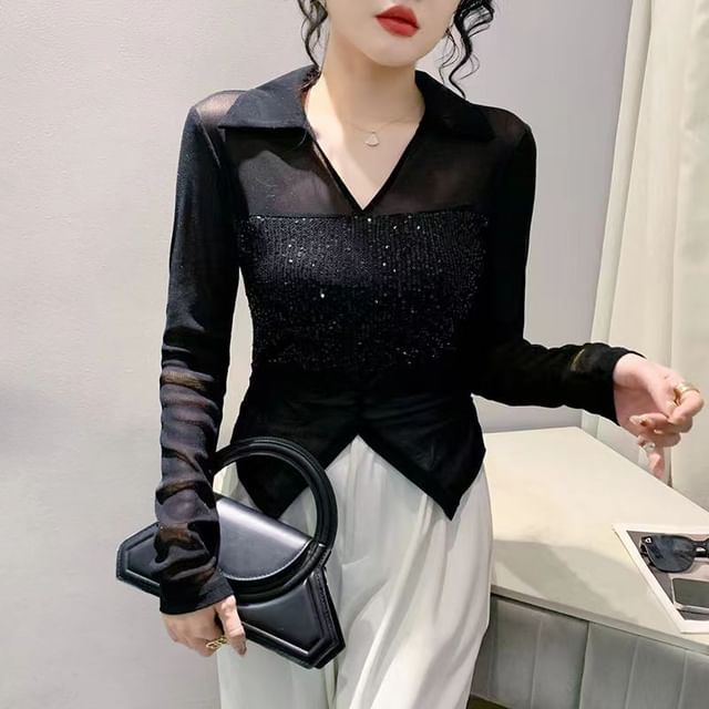 Everose-Long-Sleeve Sequined Mesh Shirt